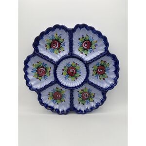 Vintage Portugal Painted Blue Floral Divided Serving Dish Veggie/Appetizer Tray